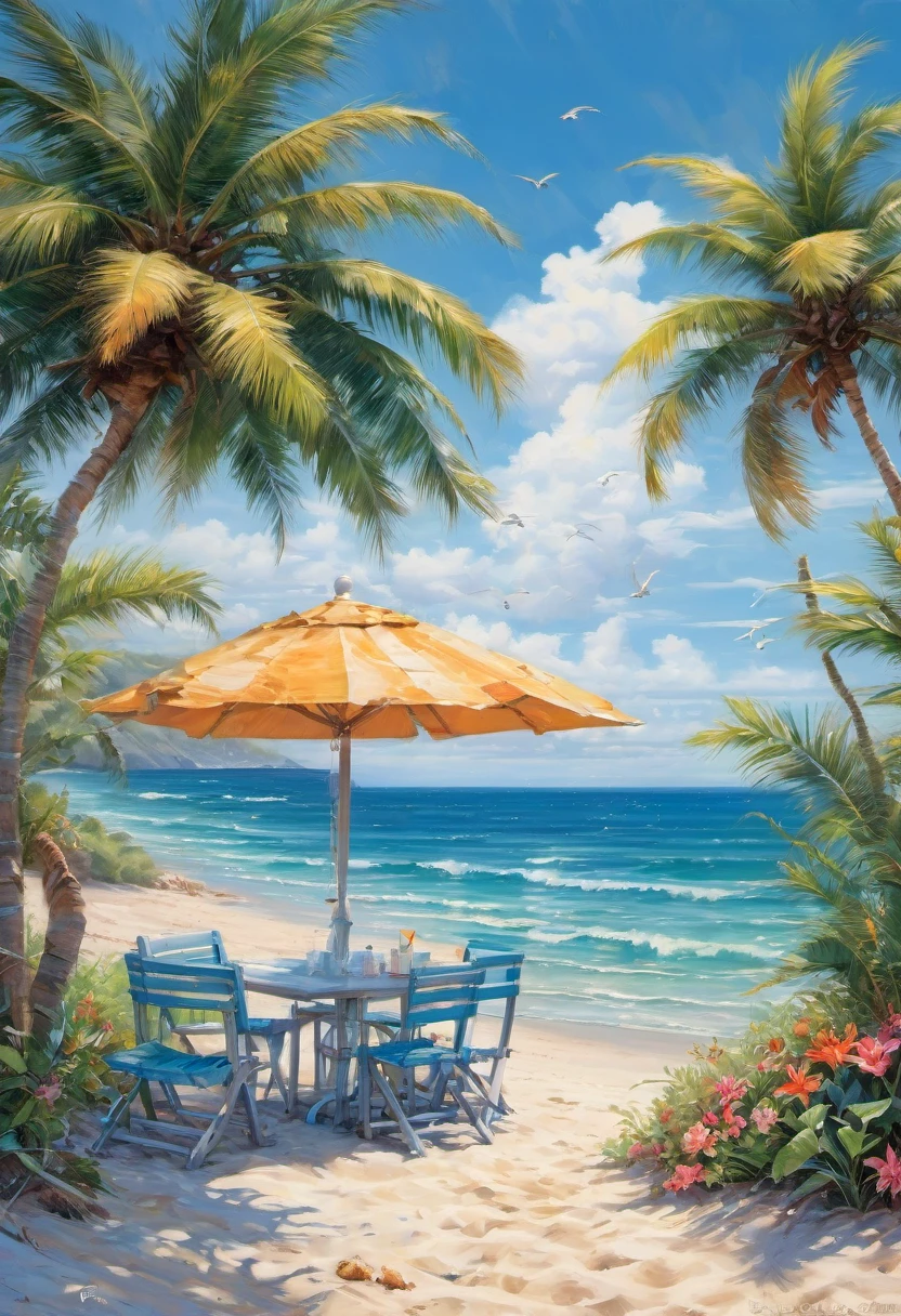 Blue Coast, a beautiful coastline overlooking the deep blue ocean, sandy beaches and crashing waves, palm trees swaying in the gentle breeze, clear blue skies with fluffy white clouds, a lone sailboat in the distance, sparkling sunlight reflecting on the water, seashells scattered on the beach, children building sandcastles, seagulls soaring in the sky, a small beachside cafe serving refreshing drinks, vibrant and saturated colors, soft and warm sunlight, a peaceful and serene atmosphere, a sense of tranquility and relaxation (best quality,ultra-detailed,highres,professional:1.2),coastal landscape,photorealistic,exquisite brushwork,subtle textures and details,layers of vibrant colors,emphasizing the beauty of the ocean, capturing the essence of a summer beach day