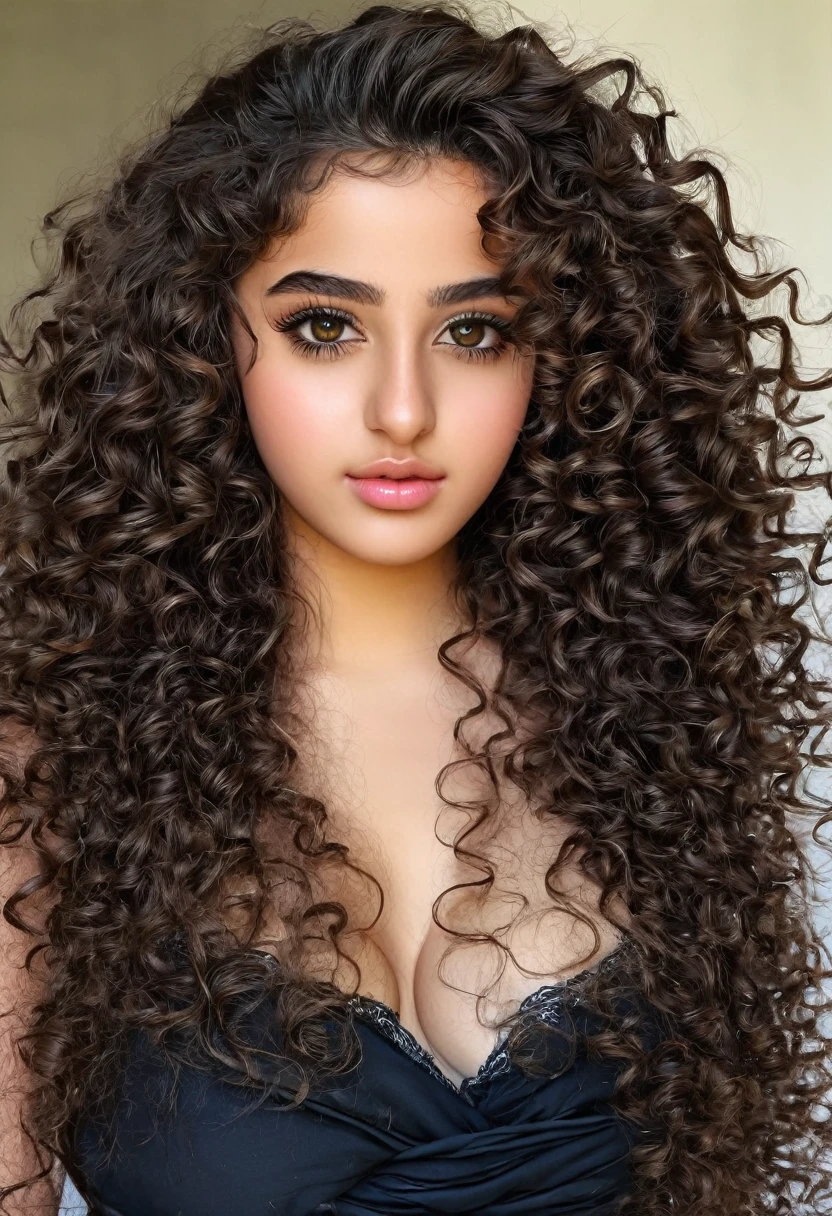 Beautiful and young Arab girl, portrait of the upper body, very large bust, long very curly hair, Ultra-detailed face, Detailed eyes, age 20-25 years, round face,  full face
