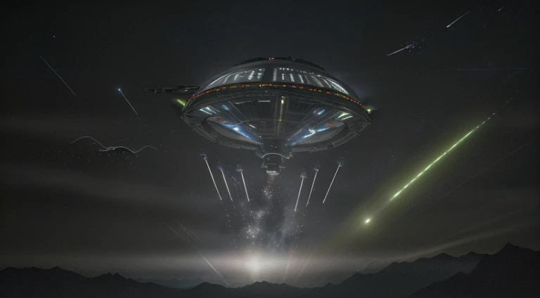 (8k, RAW photo, best quality, mastery:1.3),(realistic,photo-realistic:1.37),(night),( Many alien spaceship approaching the atmosphere of earth ), the situation is space fighting, Colorfully Background of space elements, realistic, realising gun powder , full Combat seen, UFO destroying and other main spaceship produce a lot of gun powder