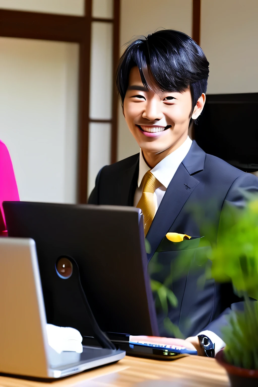 smile、Handsome、computer,Japanese、Black Hair,suit、one's home,Side job,male