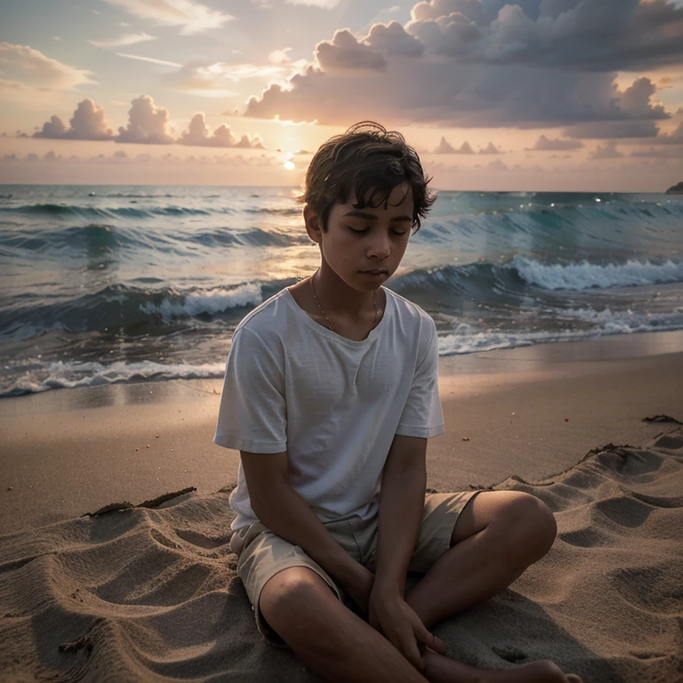 Generate an image of a sad boy sitting on the grass under the moonlight, with stars twinkling in the night sky."
"Create a photo of a lonely boy gazing at the moon, surrounded by the peaceful night."