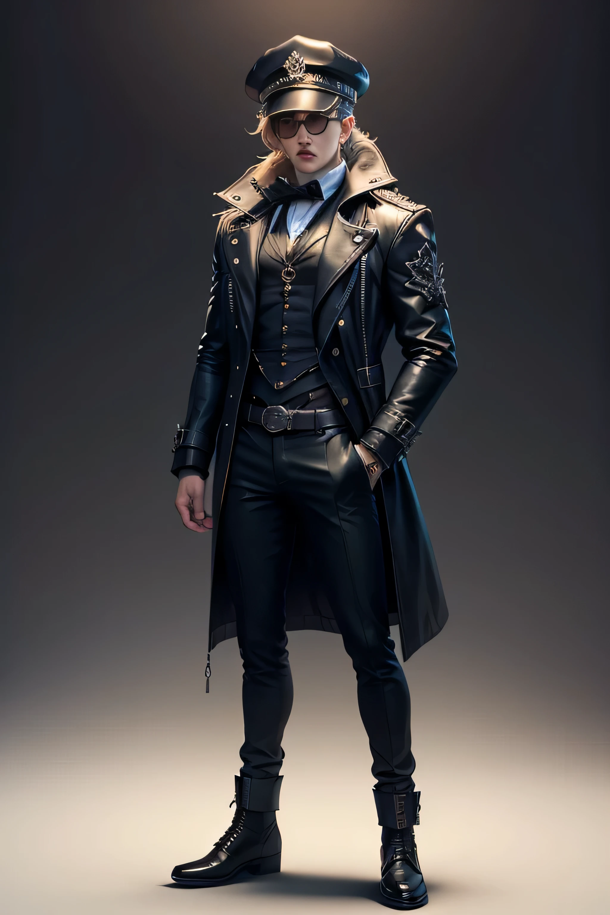 Create an extravagant full-body portrayal of a guy in Gothic style, emphasizing the "guy" theme. The design should feature Gothic elements such as leather, hat, and Victorian details, showcasing an elegant and intricate style. Utilize a color palette of black, white, and pastel tones to capture the unique Gothic aesthetic. The design must be eye-catching, with the guy centered in the image against a white background. She should fit well within the space, ensuring she does not touch the edges of the canvas. No text should be included in the image.