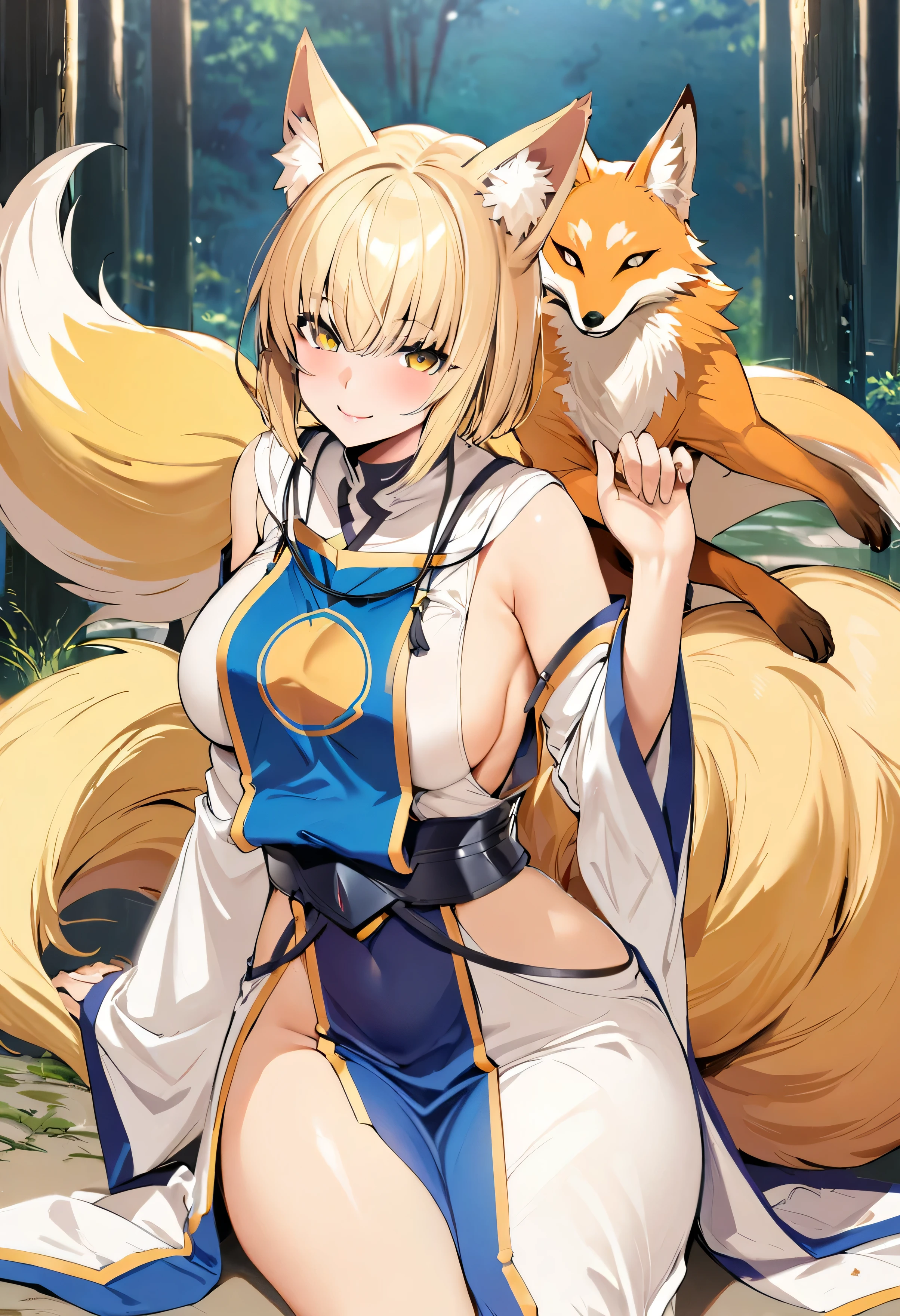 ((masterpiece,highest quality)),  Yakumo,East, One girl, alone, blonde, blonde hair, short hair, Yellow Eyes, Fox, Fox tail,  Have, Tabard, Long dress,  alone, smile, View your viewers, ,Yakumo blue,strong,