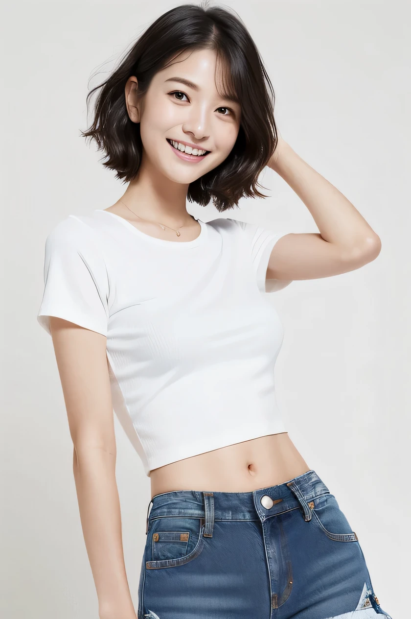 The beauty of 8K raw photos:2.0, Japanese woman, short hair, 18 years old, great face and dark eyes, looking down, looking at the viewer:1.5, big smile, tongue out, show the tongue, wet hair, show the crotch, spread the legs wide, show your cameltoe:1.2, tiny top, (denim micro shorts, white shirt:1.2), shinny skin, realistic:1.9, very detailed, cross-legged, cowboy shot from bottom:1.2, High resolution RAW color photos, professional photos, Taken at the studio, plain wallpaper, girl sexy portrait