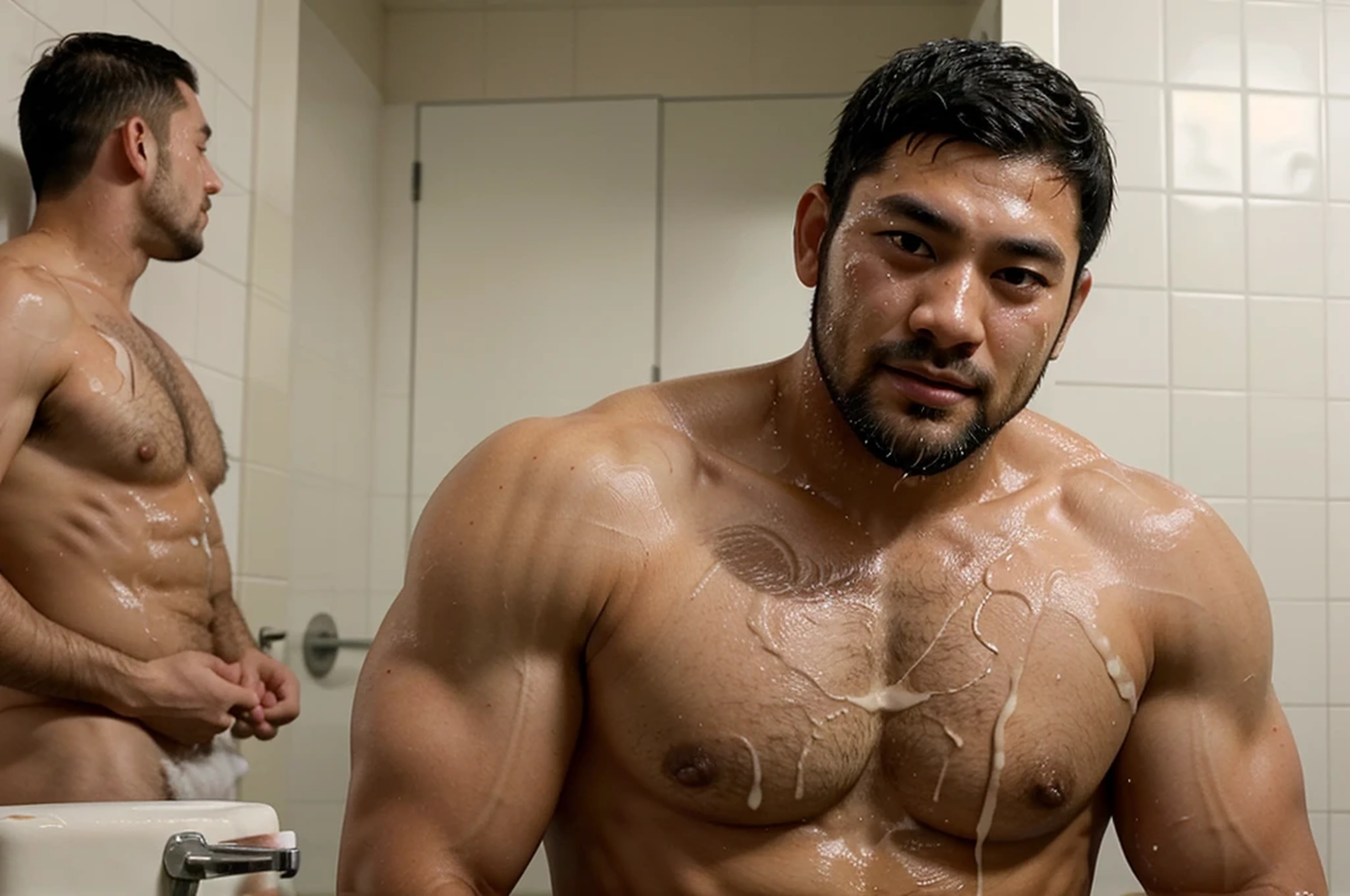 A cute young 33-year-old stocky, bearded Japanese rugby player with short hair had a huge amount of semen splashed all over his face and body in the mens restroom.