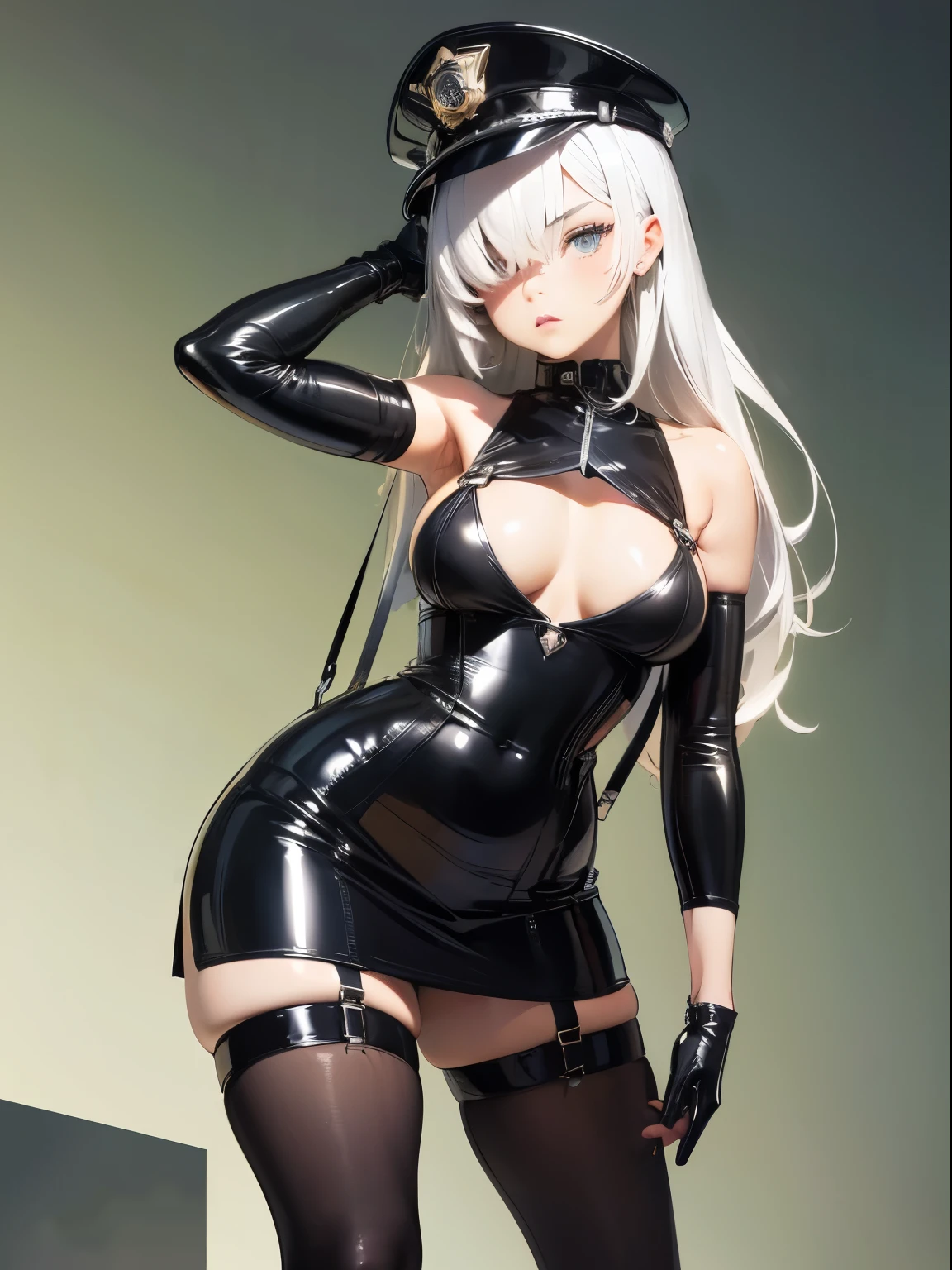 ((Best quality)), ((masterpiece)), (detailed), perfect face, (latex corset with white fabric on the chest), (latex clothes), ((latex stockings with suspenders)), (long white hair), (black long latex gloves), (full height), (standing sexy pose), (hands on chest), ((black platform high heel shoes)) , ((black latex officer's cap on his head)), ((closed chest 3 sizes)), (a slim body), ((short latex school miniskirt)), (stern look), (serious face), (Knees together), (bangs covering one eye), (open shoulders), (adult girl), (Knees together), (Beautiful detailed eyes)
