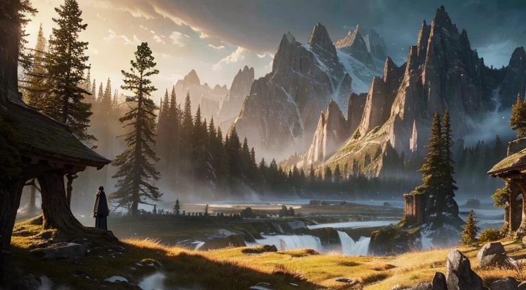 highest quality, extremely delicate and beautiful, Fantasy Landscape, Depth of written boundary, High resolution, Complex, delicate, no human presence, best possible quality, A view of the wilderness,  Elven architecture, Highlight the effects of collapse and severe weathering, Providing distant views that capture grandeur and atmosphere,