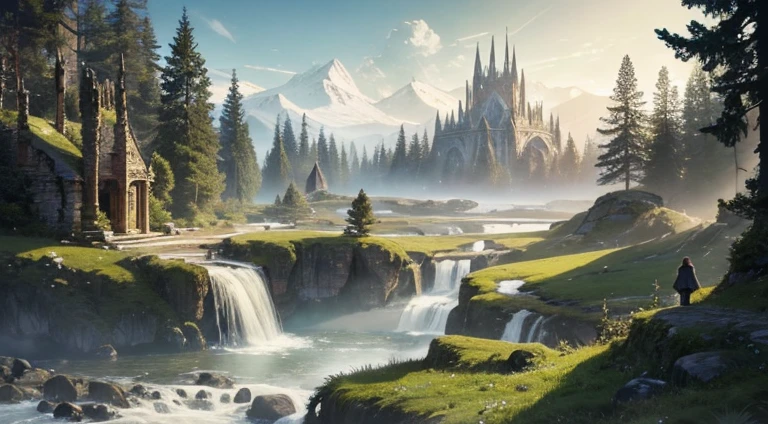 highest quality, extremely delicate and beautiful, Fantasy Landscape, Depth of written boundary, High resolution, Complex, delicate, no human presence, best possible quality, A view of the wilderness, Elven architecture, Highlight the effects of collapse and severe weathering, Providing distant views that capture grandeur and atmosphere,