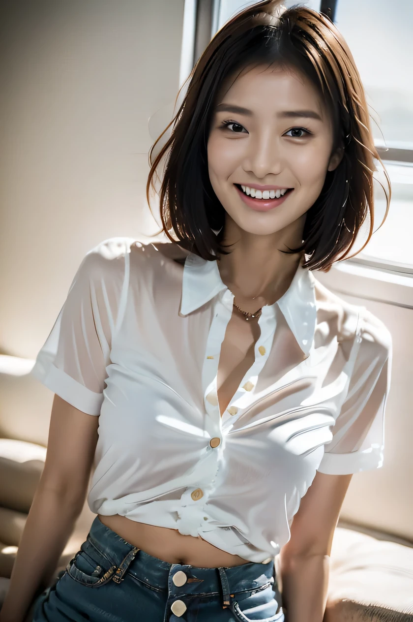 The beauty of 8K raw photos:2.0, Japanese woman, short hair, 18 years old, great face and dark eyes, looking down, looking at the viewer:1.5, big smile, tongue out, show the tongue, wet hair, show the crotch, spread the legs wide, show your cameltoe:1.2, tiny top, (denim micro shorts, white shirt:1.2), shinny skin, realistic:1.9, very detailed, cross-legged, cowboy shot from bottom:1.2, High resolution RAW color photos, professional photos, Taken at the studio, plain wallpaper, girl sexy portrait