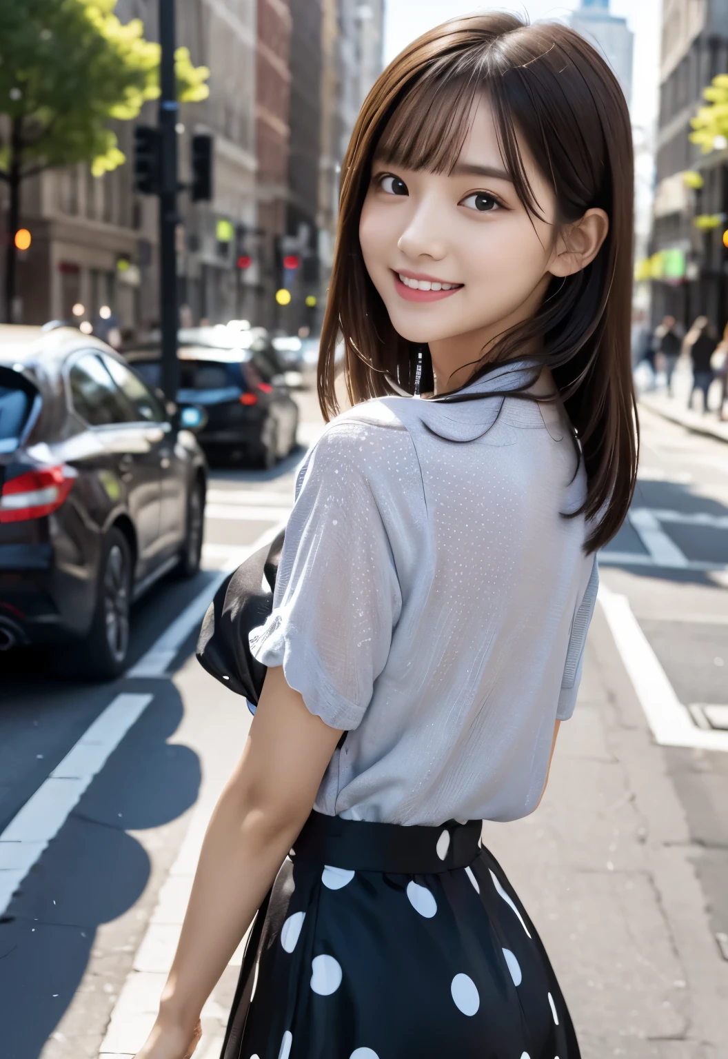 Araffe asian woman in a skirt and shirt walking down a street - SeaArt AI
