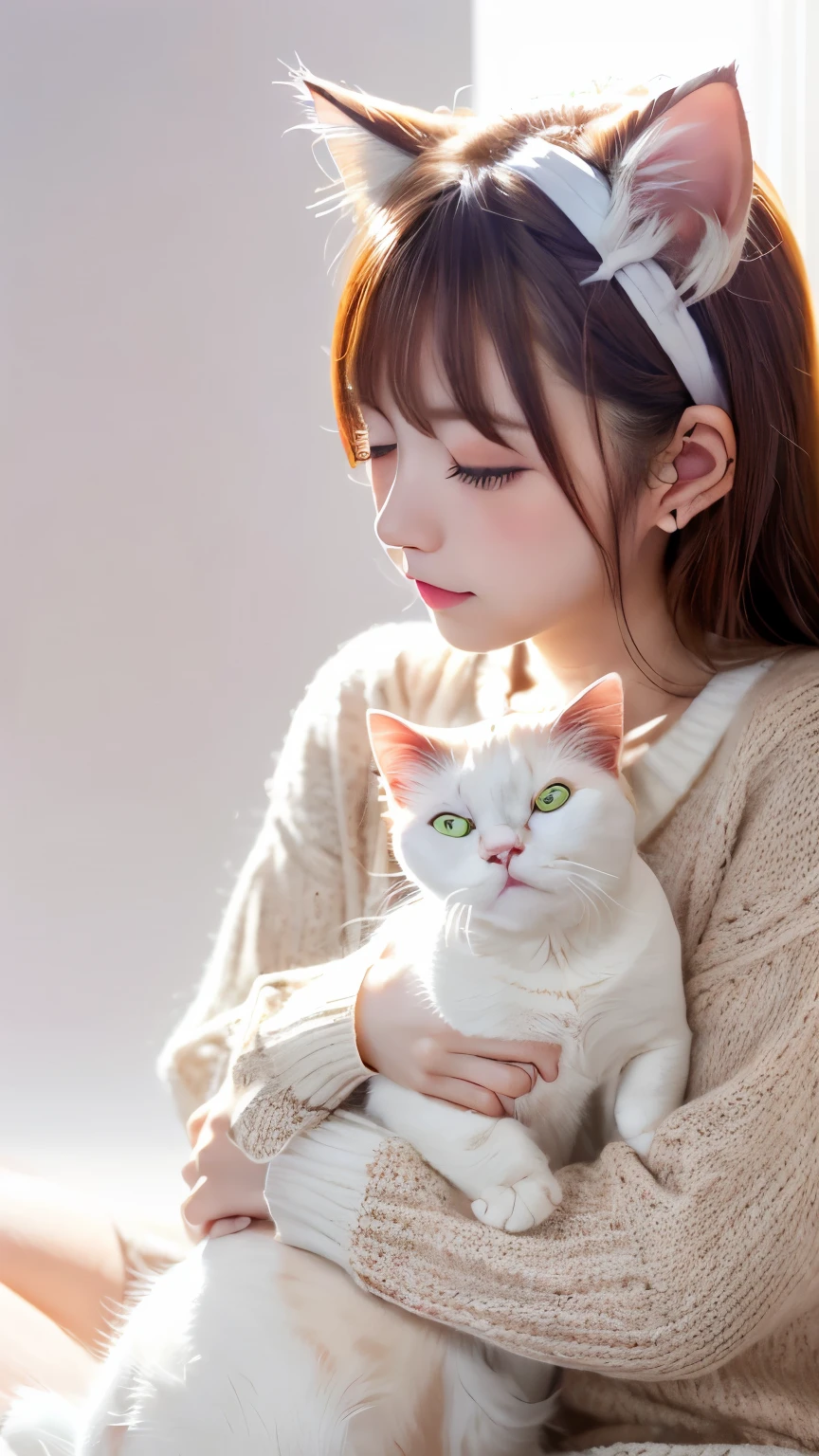 masterpiece, 4k, Bokeh, (Kawai:1.5), high school girl, (Japanese idle:1.6), (Cat ear:1.3), (soft hair:1.3) , (white knit onepiece:1.6), Blushed face, looking at the viewer, cowboy shot, (Holding beautiful white cat :1.3), (Close eyes:1.3), (white background :1.4),