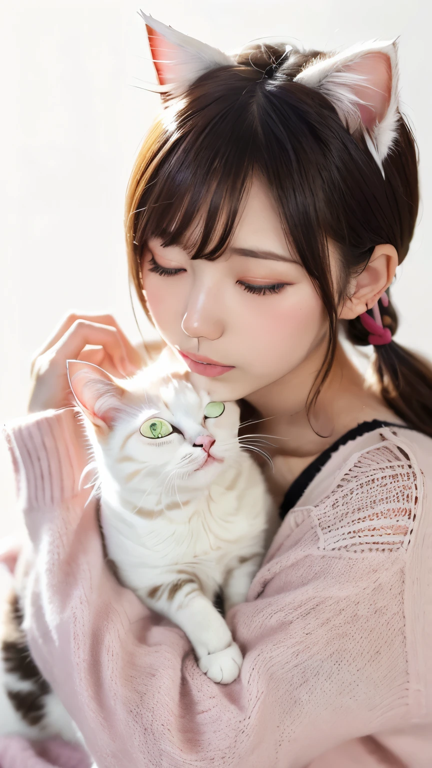 masterpiece, 4K, Bokeh, (kawaii:1.5), (beautiful girl:1.3), (Japanese idol:1.6), (Cat ear:1.3) , (sweater:1.3),  (I love cat:1.6), blushed,  (Hold slleeping white cat:1.5), (kiss to cat:1.3), (White Background :1.4), 