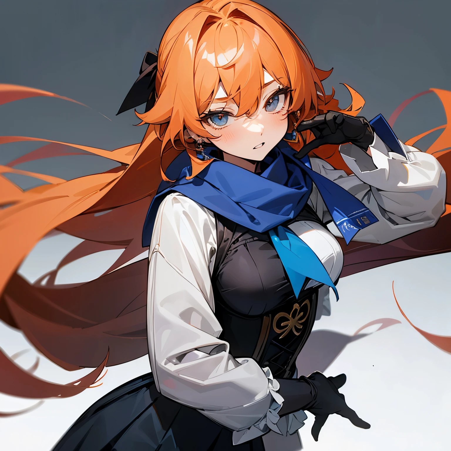 (Blue scarf),一个穿着红skirt的年轻girl,lie on the floor,back,Upper Body,Defeated,Broken,The legs opened,透明的clothing,clothing,skirt,Pants,Cloth,Official Art,action,Concept Art,girl,long hair,Orange Hair,Hair over_one_eye,long hair,looking_at_viewer,solo,Stockings,Corset pants,white,bow tie,jacket,Bangs,hair_between_eyes,Gloves,solo,黑色Gloves,mask,Jewelry,Single earrings,skirt,Parted lips,mask_on_head, masterpiece,best quality,Tartaglia (Genshin shock),Big thighs,white色背景,Simple background,Empty eyes,Sexy,blush,shy,