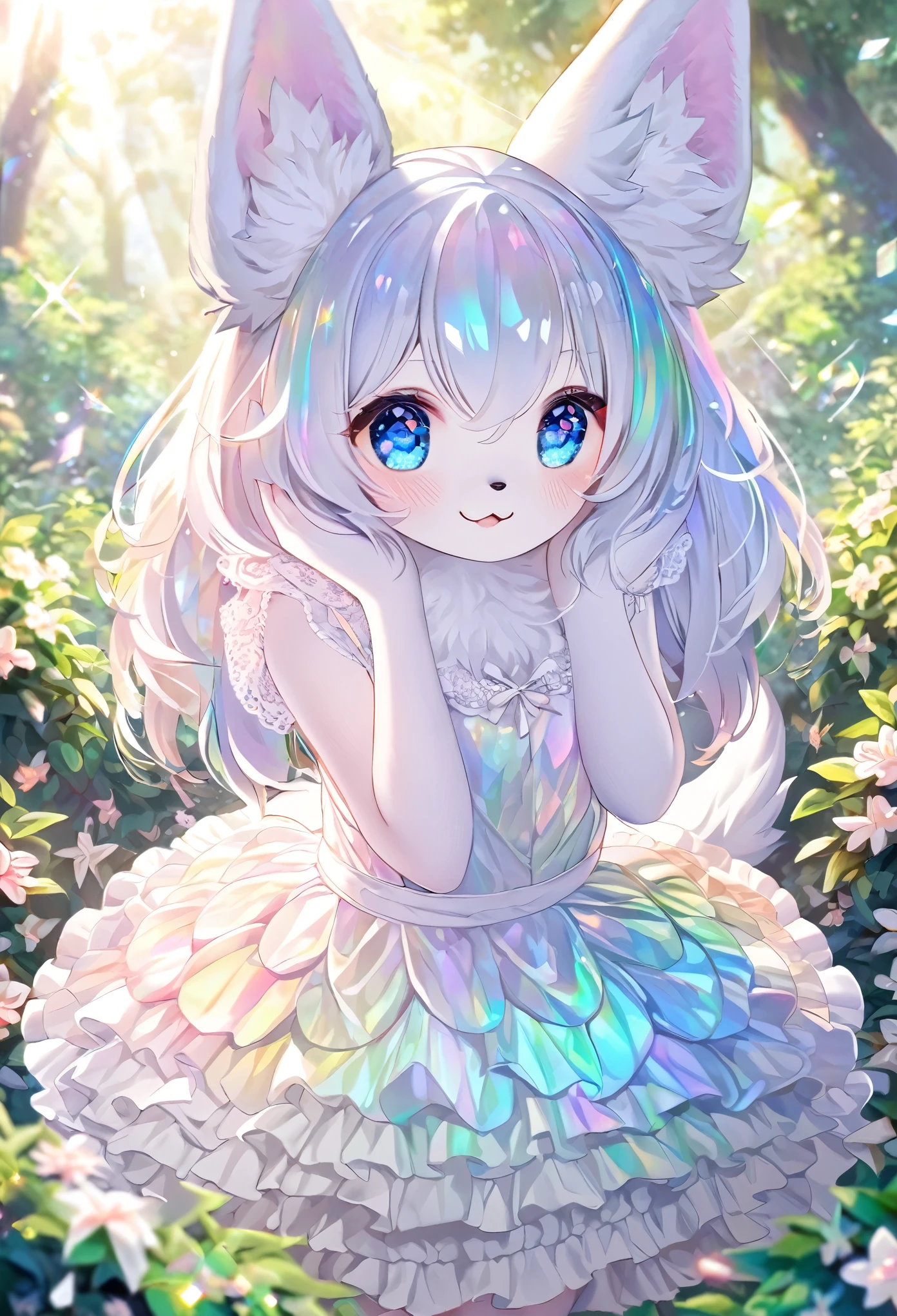 best quality, super fine, 16k, incredibly absurdres, extremely detailed, furry, personified, cute white wolf beast girl, big ears, iridescent blue eyes, wearing cute frilly dress with white frills, background flowers in full bloom, fresh green forest, and sparkling sunlight