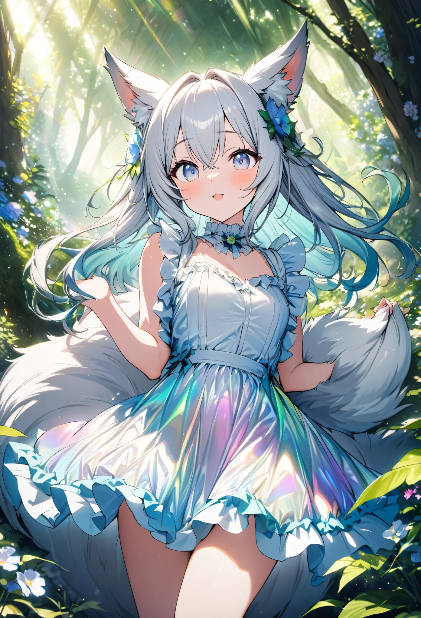 best quality, super fine, 16k, incredibly absurdres, extremely detailed, cute white wolf beast girl, big ears, iridescent blue eyes, wearing cute frilly dress with white frills, background flowers in full bloom, fresh green forest, and sparkling sunlight