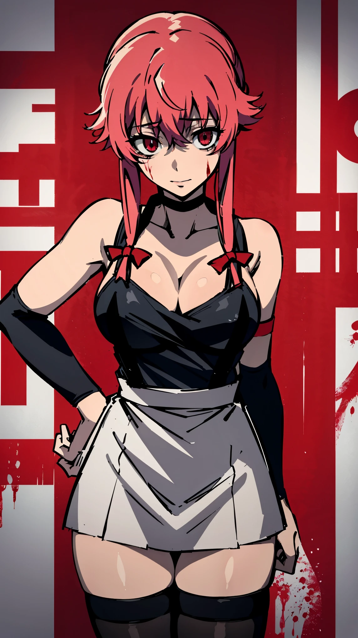 a horror movie poster of yuno gasai wearing an apron stained in blood and she as a sinister look and she has a crazed smile, the apron is stained in blood and her (large breasts:1.5) are exposed and she's also wearing black thigh highs and a black gothic choker,and the posters title is ((psycho)), and her eyes are red