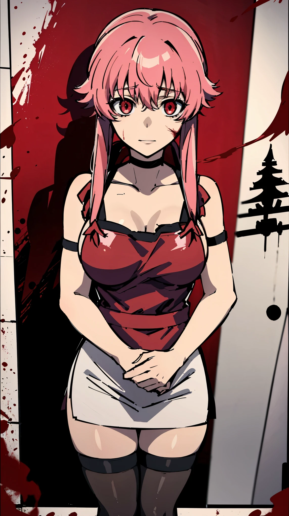 a horror movie poster of yuno gasai wearing an apron stained in blood and she as a sinister look and she has a crazed smile, the apron is stained in blood and her (large breasts:1.5) are exposed and she's also wearing black thigh highs and a black gothic choker,and the posters title is ((psycho)), and her eyes are red