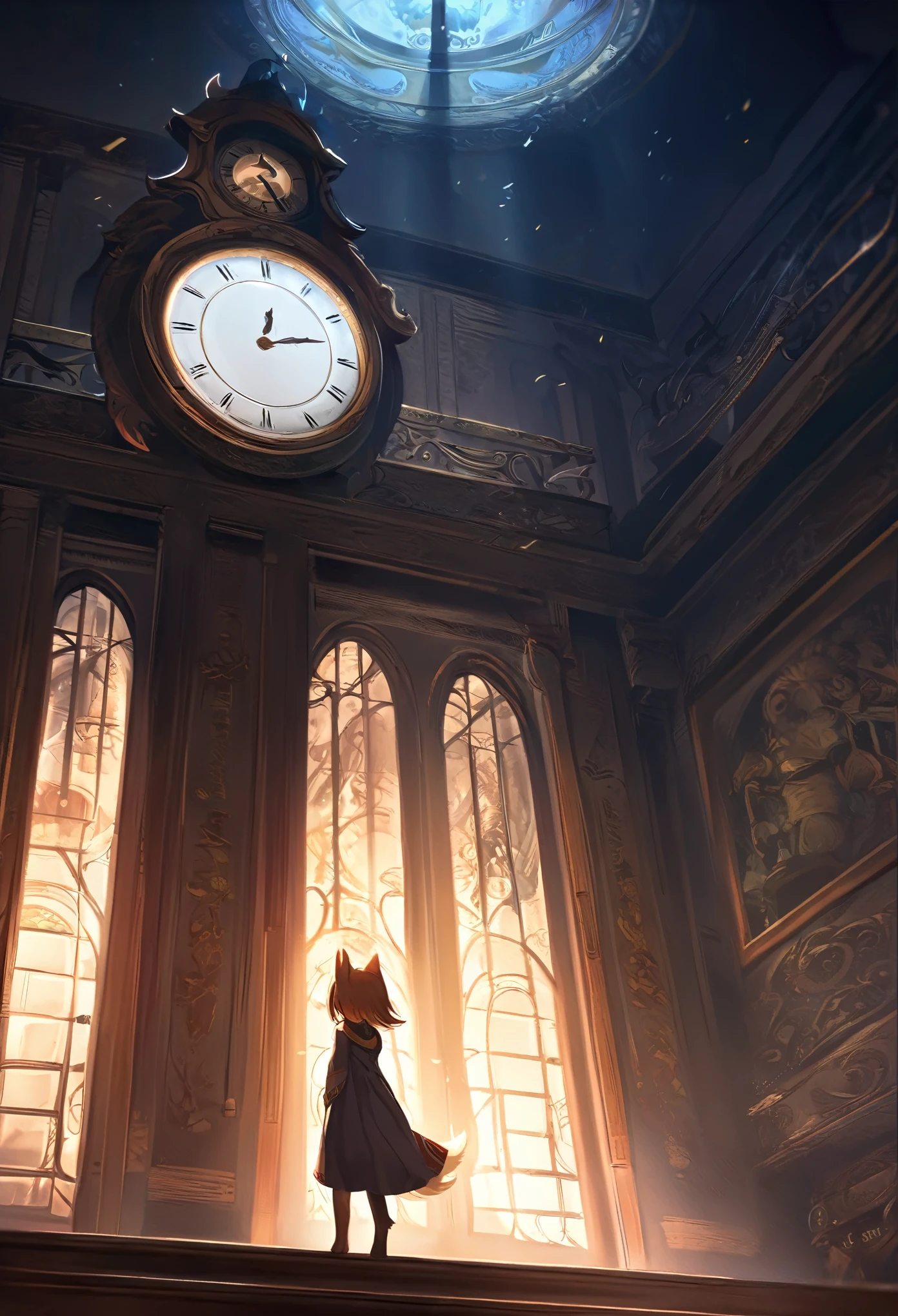 cover page, highres, top quality, best quality, paid reward available, unparalleled masterpiece, perfect artwork, absurdres, High-quality illustrations, super high resolution, detailed background, perfect anatomy(1girl, kemono, furry anthro, fearless smile, reach for the clock) in room with clock, fantasy artwork, cinematic lighting, Backlight,