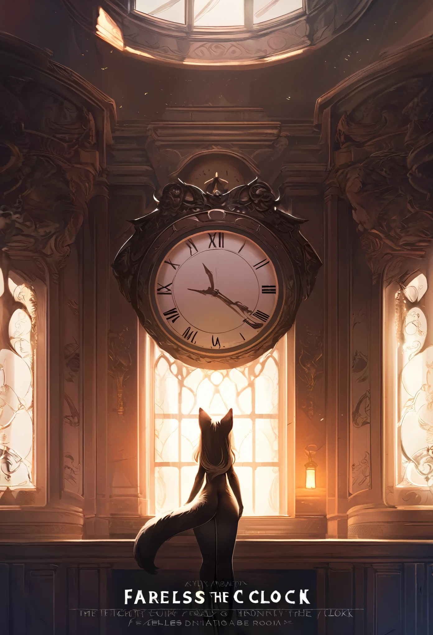 cover page, highres, top quality, best quality, paid reward available, unparalleled masterpiece, perfect artwork, absurdres, High-quality illustrations, super high resolution, detailed background, perfect anatomy(1girl, kemono, furry anthro, fearless smile, reach for the clock) in room with clock, fantasy artwork, cinematic lighting, Backlight,