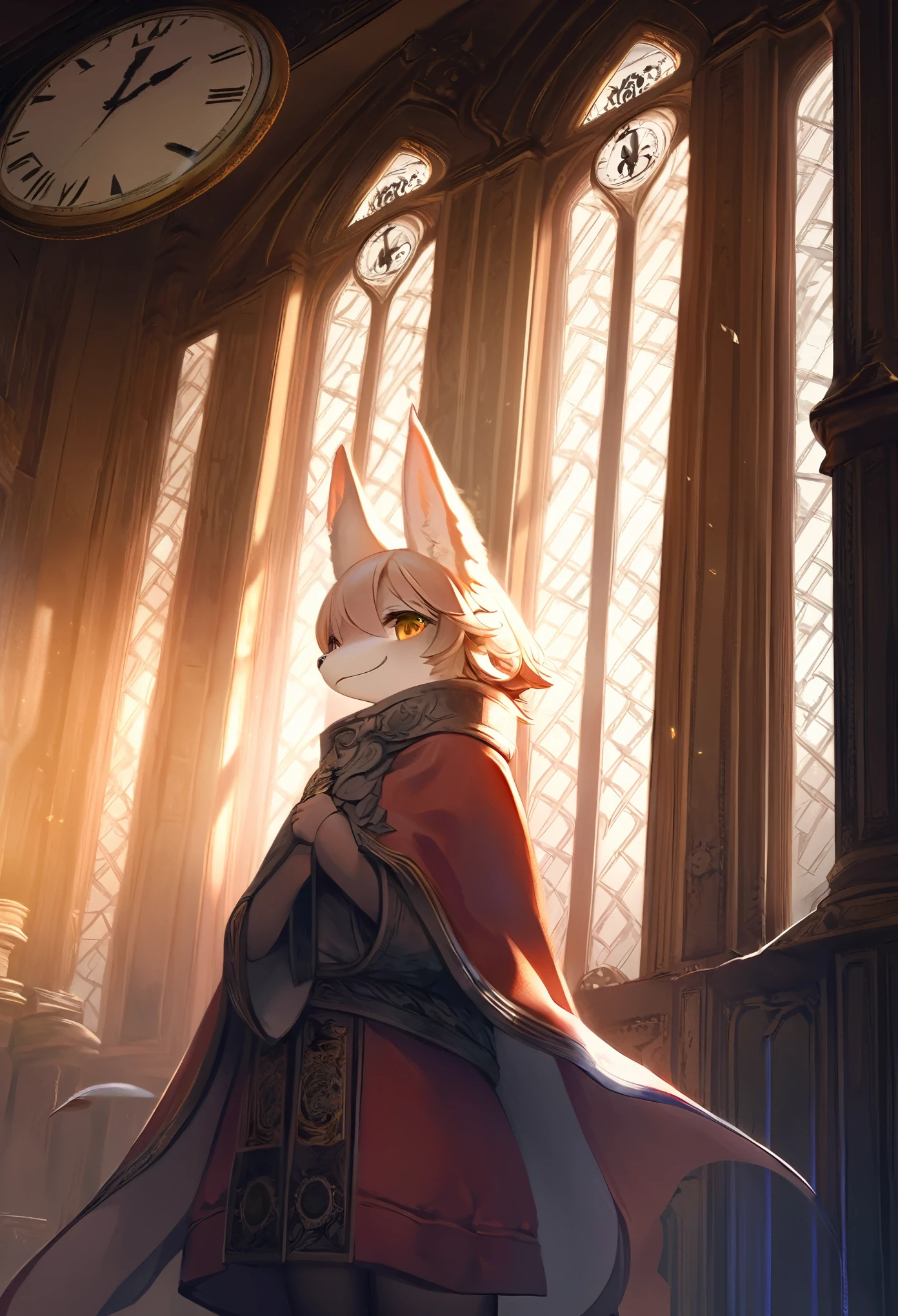 cover page, highres, top quality, best quality, paid reward available, unparalleled masterpiece, perfect artwork, absurdres, High-quality illustrations, super high resolution, detailed background, perfect anatomy(1girl, kemono, furry anthro, fearless smile, reach for the clock) in room with clock, fantasy artwork, cinematic lighting, Backlight,