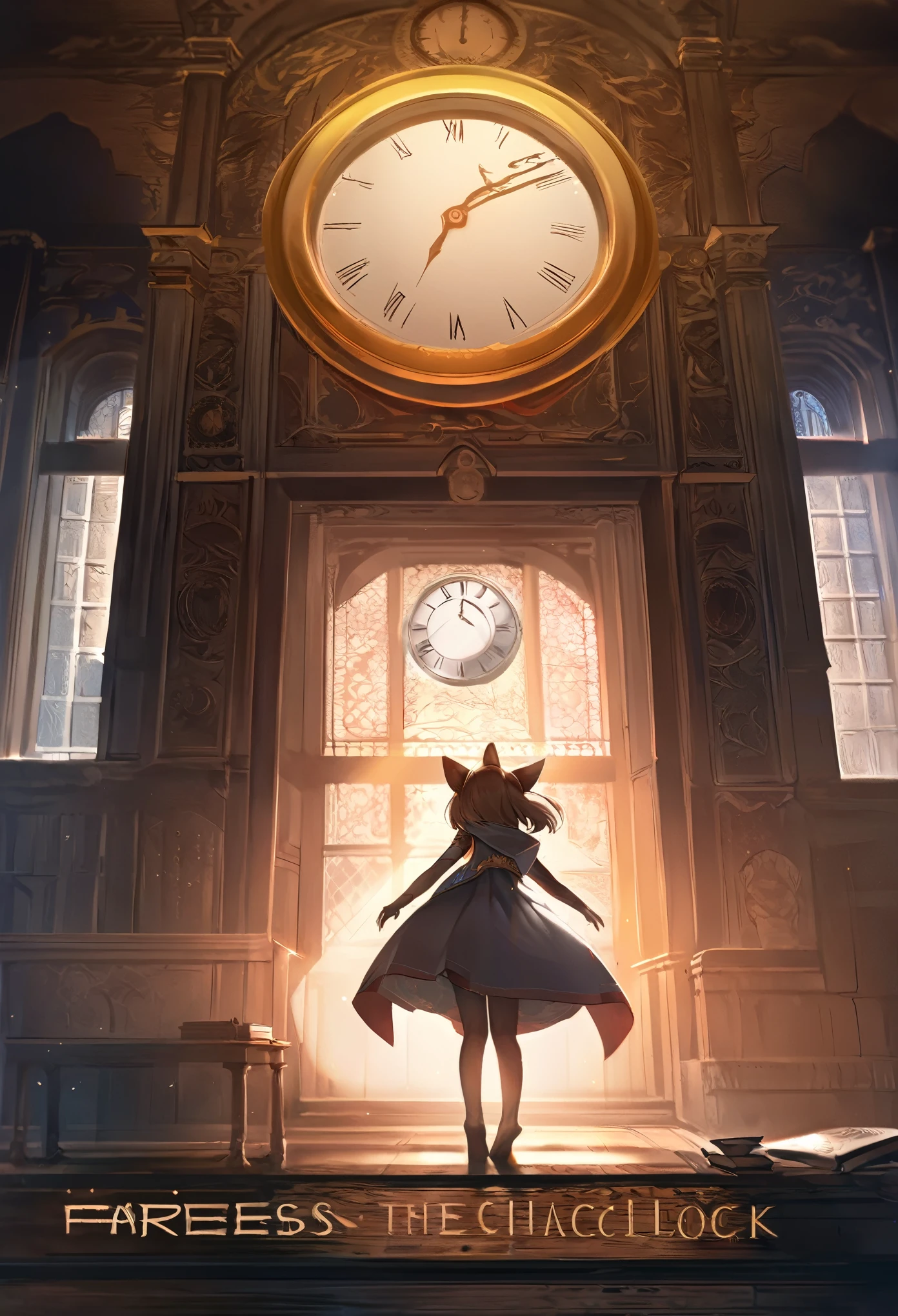 cover page, highres, top quality, best quality, paid reward available, unparalleled masterpiece, perfect artwork, absurdres, High-quality illustrations, super high resolution, detailed background, perfect anatomy(1girl, kemono, furry anthro, fearless smile, reach for the clock) in room with clock, fantasy artwork, cinematic lighting, Backlight,