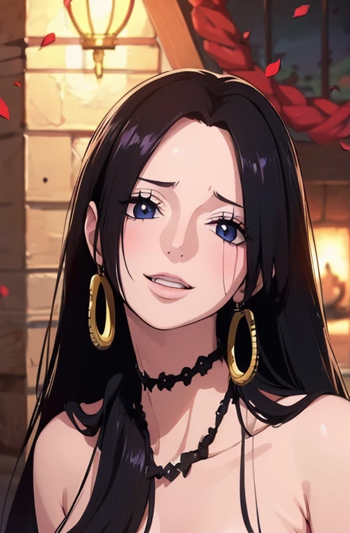 best quality, masterpiece, highly detailed,1girl, ((rose)), (vine), cage, bandage, red rope, (detail light), falling rose petals, Boa Hancock, (:1.8), (masterpiece:1.5), Detailed Photo, Smiling, SexyK, Photorealistic, Best Quality: 1.4), (1girl), Beautiful Face, (anime realistic Face), (Black Hair, long Hair: 1.3), Beautiful Hairstyle, Realistic eyes, beautiful detail eyes, (realistic skin), beautiful skin, (sweater), absurd, attractive, ultra high resolution, ultra realistic, high definition, golden ratio, (sexually:1.5)