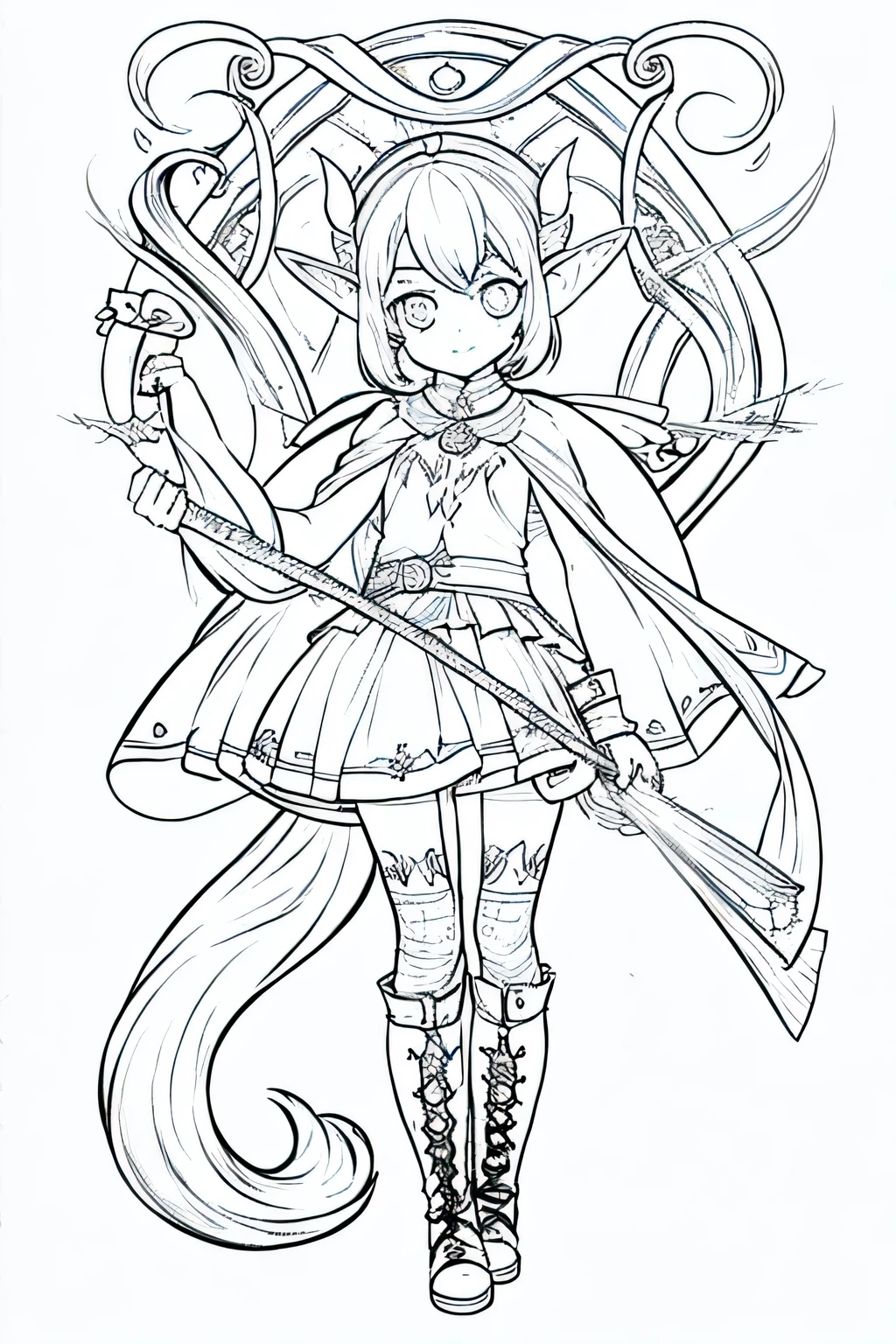 The Buried Flillian,Loli,Line Art,Double tail,Elf,Clean background,Eye details,Tights,boots