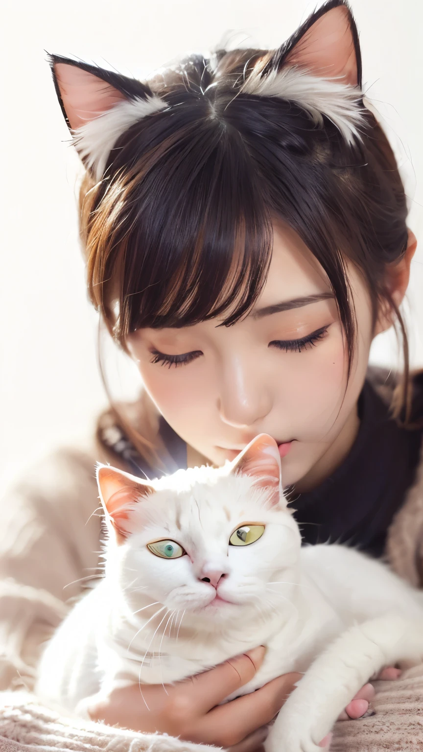 masterpiece, 4K, Bokeh, (kawaii:1.5), (beautiful girl:1.3), (Japanese idol:1.6), (Cat ear:1.3) , (sweater:1.3), (I love cat:1.6), blushed, (Hold slleeping white cat:1.5), (kiss to cat:1.3), (White Background :1.4),