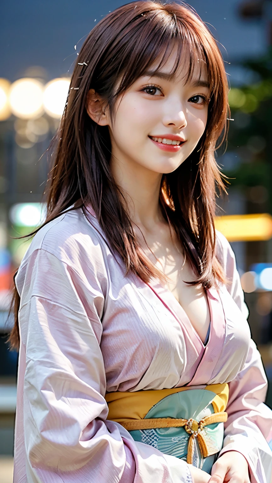 highest quality, masterpiece, Ultra-high resolution, (Realistic:1.4), (Close-up portrait) RAW Photos, 1 girl, 22 years old,Slender body,Large Breasts,((Long pink hair with straight bangs)),((Looking up at the audience)), Realistic pictures, ((Small breasts)),((Smiling with teeth showing)),Cleavage,(((wearing KIMONO))), tokyo Tower in background, night scenery、Full Body