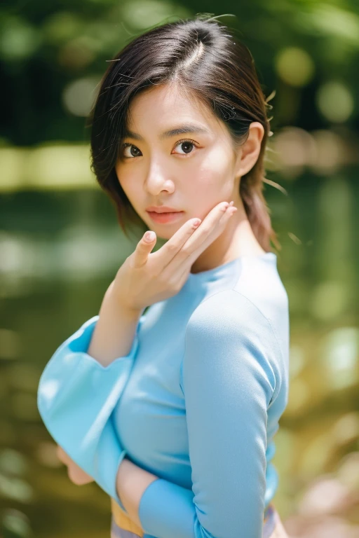 Social media influencer photoshoot, Asian beauty standards, natural pose, hyperrealistic, photorealism, shot on a Sony A7III --ar 1:2 --style raw