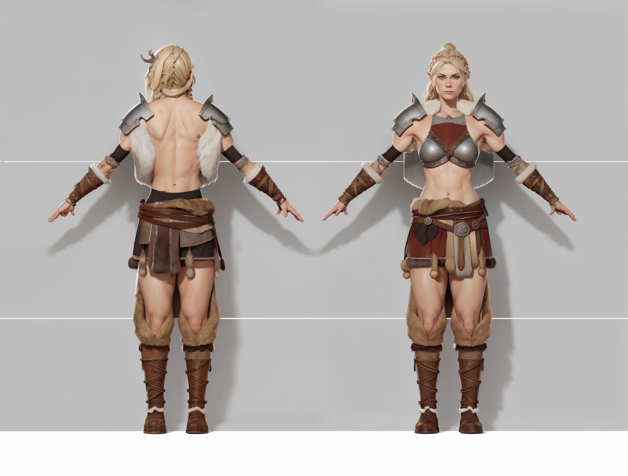 ( Realistic:1.33),(masterpiece:1.1),(highest quality:1.1),(HDR:1) a close up of a Viking woman warrior wearing armor and fur coat , full body concept, detailed full body concept, Young Viking female with a long braid, Viking style, Teenage Viking protective maiden, Portrait of a Viking, Viking warrior, Viking culture, Nordic warrior, Viking costume, Ancient Viking warrior, Elven blond warrior, Epic Viking Queen , wearing Viking clothing, Female Viking, with Machado, Nordic inspiration, Viking and Templar aesthetics, full body character concept,costume concept design, full body details, detailed full body concept art, full character body, character model sheet turnaround, fullbody shot turnaround, concept character sheet, full body concept art, reference model sheet , full body concept art, RPG style character, game character design, 3d character reference sheet, video game character concept, detailed character design, character sheet, character model sheet turnaround , front and back, front and back, grey clean background, 3D character, leather belt with leather knife bag, red loincloths, leather armband, leather boots with fur, leather bikini with black fur coat, red hem with fur. [ show skin breast mound ], [ show abdomen ] no cloth at abdomen. breast skin, human skin, human skin, human breast skin, human skin.(viking warrior), ((barbarian)),(((wide breast)),(((wide shoulder)),