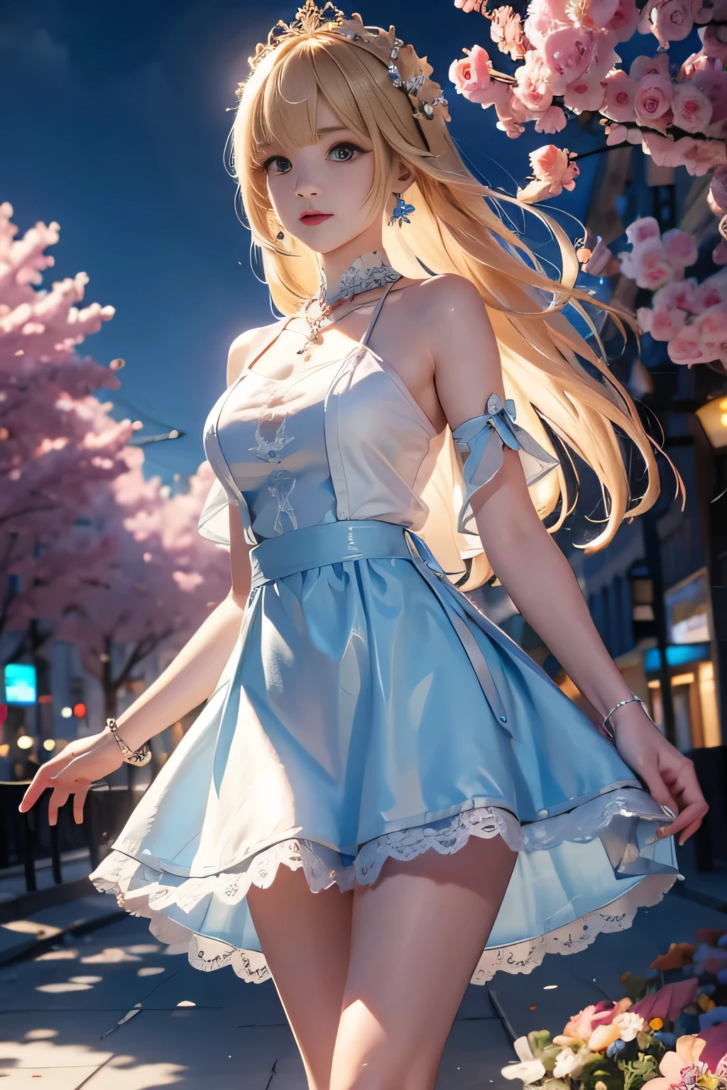 low angle,from below,((masterpiece, highest resolution,best quality)), (beautiful illustration), ((1girl,cute,young,semi long beautiful blonde hair,blunt bangs,beautiful eyes)),(solo),(beautiful elegant light blue sexy  knit one piece skirt),(looking at the viewer), (walking around the flower park),
innocent smile, white over-kneehighs,Lace chalker, wristband, fingerless gloves, over-kneehighs,
Lace chalker, diamond necklace,wristband, fingerless gloves, earrings, cinematic lighting, windy,flower park,big city,busy street,day,blue sky,flowers and trees,crowded,