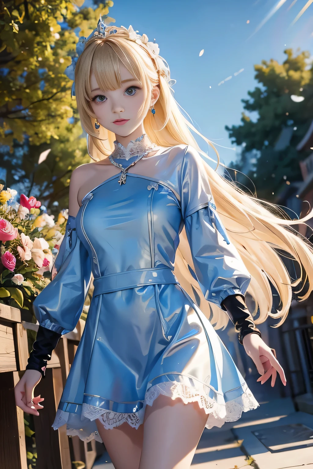 low angle,from below,((masterpiece, highest resolution,best quality)), (beautiful illustration), ((1girl,cute,young,semi long beautiful blonde hair,blunt bangs,beautiful eyes)),(solo),(beautiful elegant light blue sexy  knit one piece skirt),(looking at the viewer), (walking around the flower park),
innocent smile, white over-kneehighs,Lace chalker, wristband, fingerless gloves, over-kneehighs,
Lace chalker, diamond necklace,wristband, fingerless gloves, earrings, cinematic lighting, windy,flower park,big city,busy street,day,blue sky,flowers and trees,crowded,