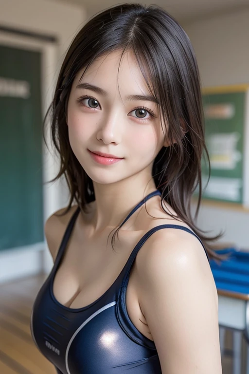 (1young girl), Extremely cute face, Amazing face and eyes, (Highly detailed eyes, Highly detailed face), fresh, Very clean appearance, (Hyper-realistic, hight resolution), (Best Quality:1.4), Raw photo, (Realistic, Photorealsitic:1.37), Professional Photography , (cleavage:1.2), (Bare shoulders), Smile slightly, (Staring at me), Bedroom, girl portrait , 15 years old ,  (school swimsuit:1.4)