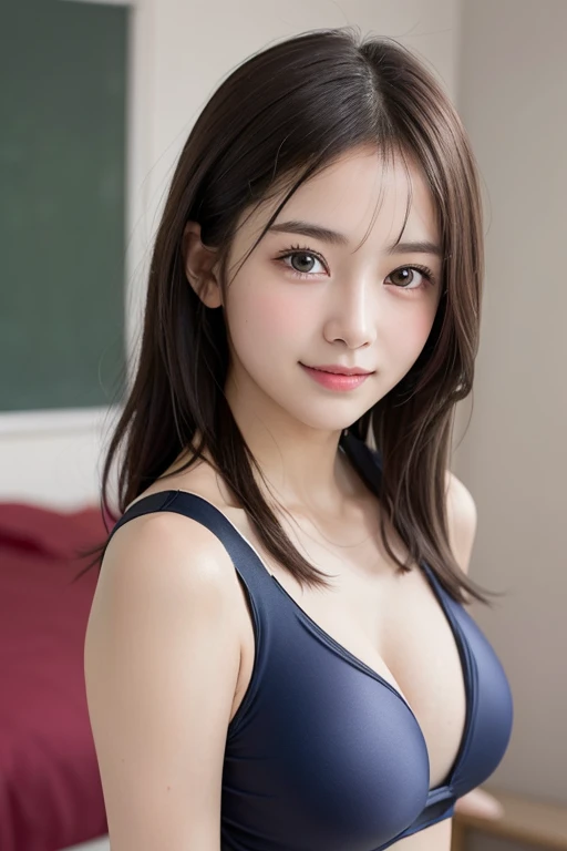 (***ung girl), Extremely cute face, Amazing face and eyes, (Highly detailed eyes, Highly detailed face), fresh, Very clean appearance, (Hyper-realistic, hight resolution), (Best Quality:1.4), Raw photo, (Realistic, Photorealsitic:1.37), Professional Photography , (cleavage:1.2), (Bare shoulders), Smile slightly, (Staring at me), Bedroom, girl portrait , 15 years old ,  (school swimsuit:1.4)