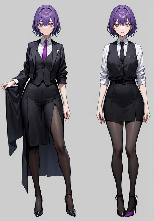 ((Perfect Face)),Purple Hair,Very Short Hair,1 female,,Black vest,Rolled up my sleevesYshirt,tie,slit,High heels,,((Simple Background)),smile,((Full Body)),((full body)),