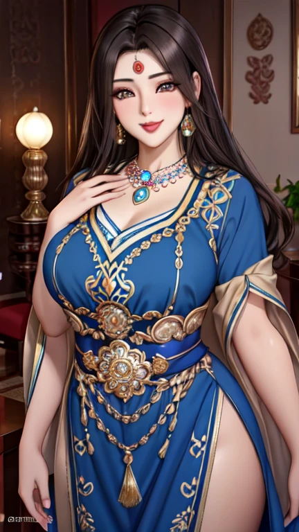 masterpiece, 4k, (Beautiful dark-haired Asian woman: 1.2), portrait, High quality art, High resolution, High resolution, in the center, symmetrical, excellent anatomy, swollen lips, smile, surprised, blush, lipstick, beautiful eyes, smooth skin, beautiful woman, jewelry, Moroccan Caftan, blue fabric with gold embroidery, (focus on upper body: 1.2), style, woman, looking at the viewer, smile,  symmetrical, in the center, close, woman, athletic, fit, tight waist, realistic body proportions, realistic, photo-realistic, 8k, very detailed, LED light, Laser Light, fruit flavored, bright, anatomically correct, symmetrical anatomy, Ulzzang-6500