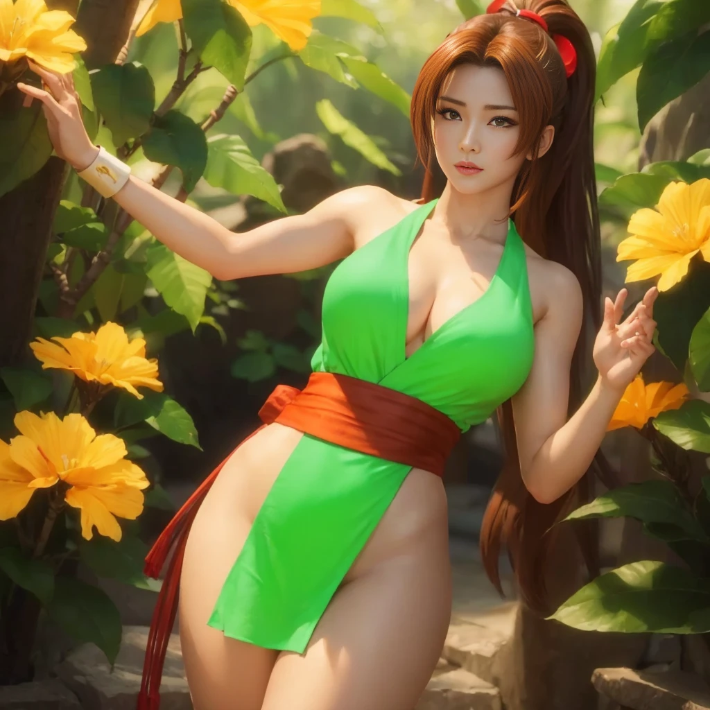 Mai Shiranui, (melhor qualidade,ultra-detalhado),(Realista:1.37), rosto bonito e detalhado, Textura ultrarrealista, rosto delicado, athletic body, cores vivas. High definition, 8k