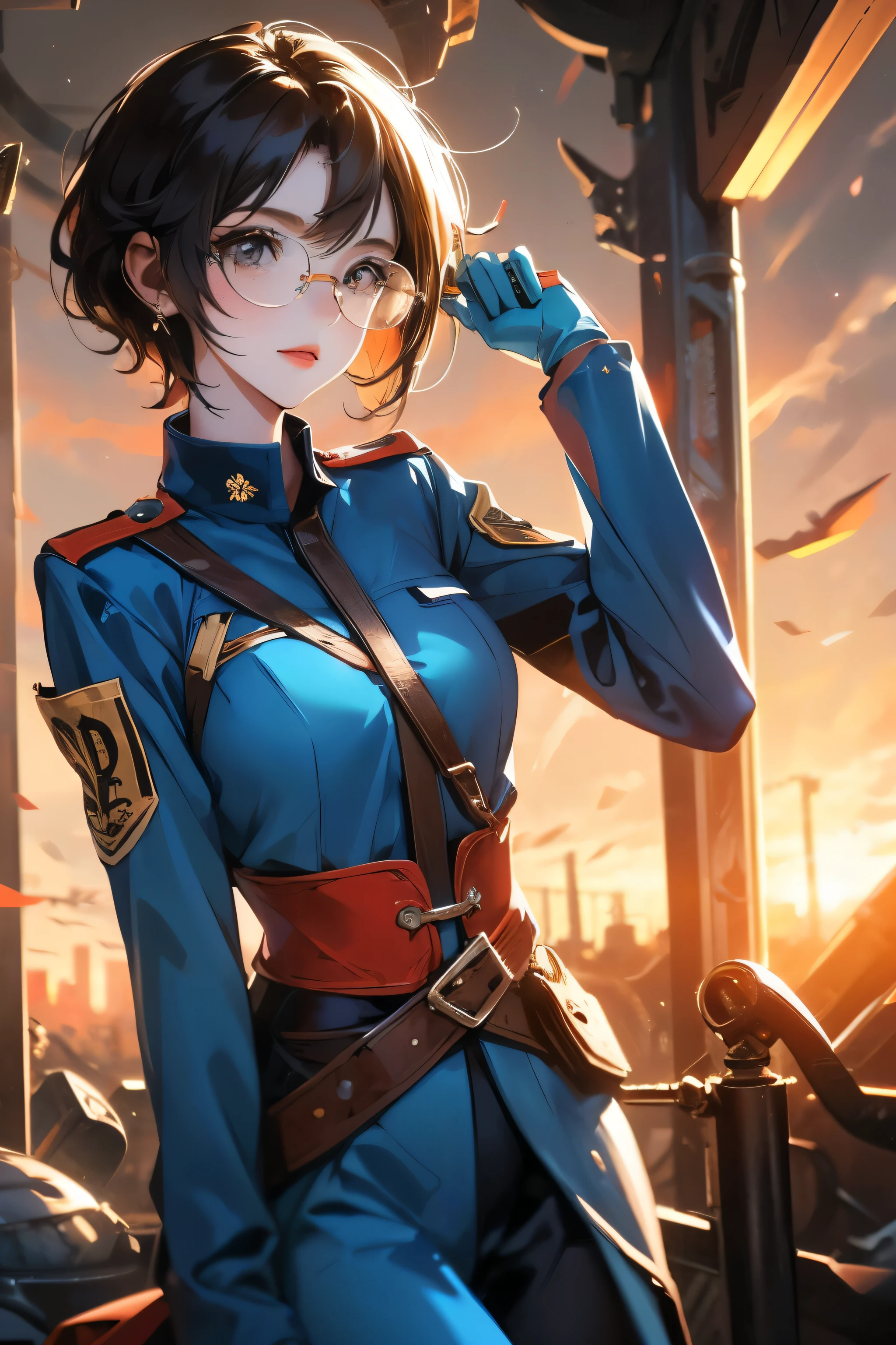 a pretty girl messenger, wearing large glasses, undercut hair, wearing postal uniform, in a post-apocalyptic world