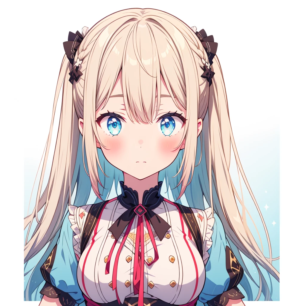 Close-up shot、vtuber-halfbody、Bangs shorter than eyebrowasterpiece、Best Quality、Best illustrations、Super detailed、Upper Body、solo、1 girl、looking at the camera、upright、Arms at your sides、Beautiful detailed eyes、Concept Art、from the front、White background、Simple Background、Big eyes、Super detailedな眼、Sparkling eyeilky white and blue gradient long hair、Short sleeve、water colored pencils、kind face、blush、Virtual YouTuber、