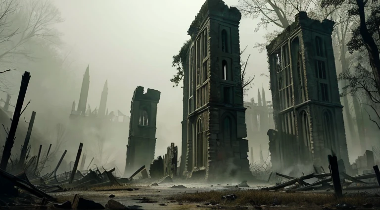 A desolately beautiful wasteland scene, where the remnants of collapsed ruins lay buried in soil, tells a haunting tale of a lost civilization. The focal point is a majestic, crumbling stone castle, half-covered in moss and surrounded by twisted, charred trees. This evocative painting captures the eerie stillness of a once thriving city now reduced to rubble. The artist's attention to detail and skillful use of light and shadow create a mesmerizing and hauntingly atmospheric image that transports viewers to a bygone era of mystery and decay.