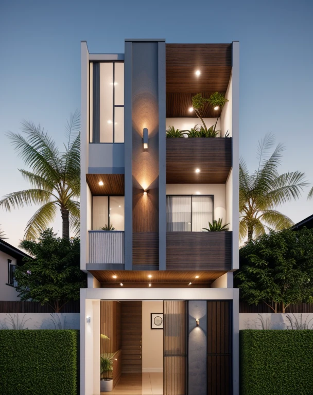  Realistic, hyper detail, 1 morden house, 1 road infront of the house, night light, light from indoor:1.3, few red flower, main maerial about white wall and wooden cladding