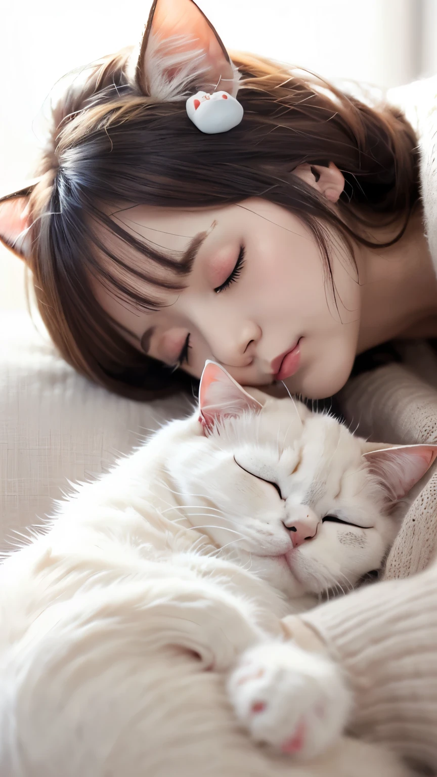 masterpiece, 4K, Bokeh, (kawaii:1.5), (beautiful girl:1.3), (Japanese idol:1.6), (Cat ear:1.3) , (sweater:1.3),  (I love cat:1.6), blushed,  (Hold slleeping white cat:1.5), (kiss to cat:1.3), (White Background :1.4), 