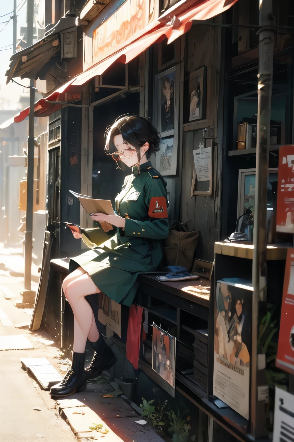 a pretty girl messenger, wearing large glasses, undercut hair, wearing postal uniform, in a post-apocalyptic world