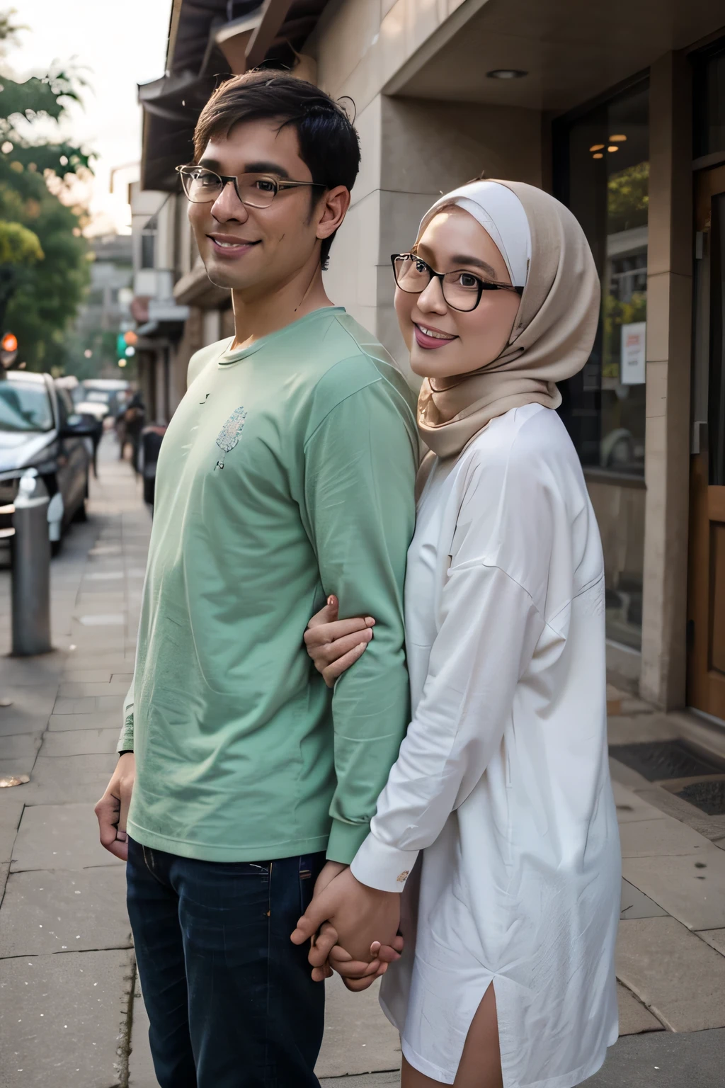 masterpiece, best quality, 2 others, couple, 1 man with 1woman use hijab, indonesian face, mature, adult, Height difference, use glasses, different fashion, different color, finely detailed eyes and detailed face, intricate details, casual clothes, oversized shirt, backgroud green village, holding hands, smile, happy, love