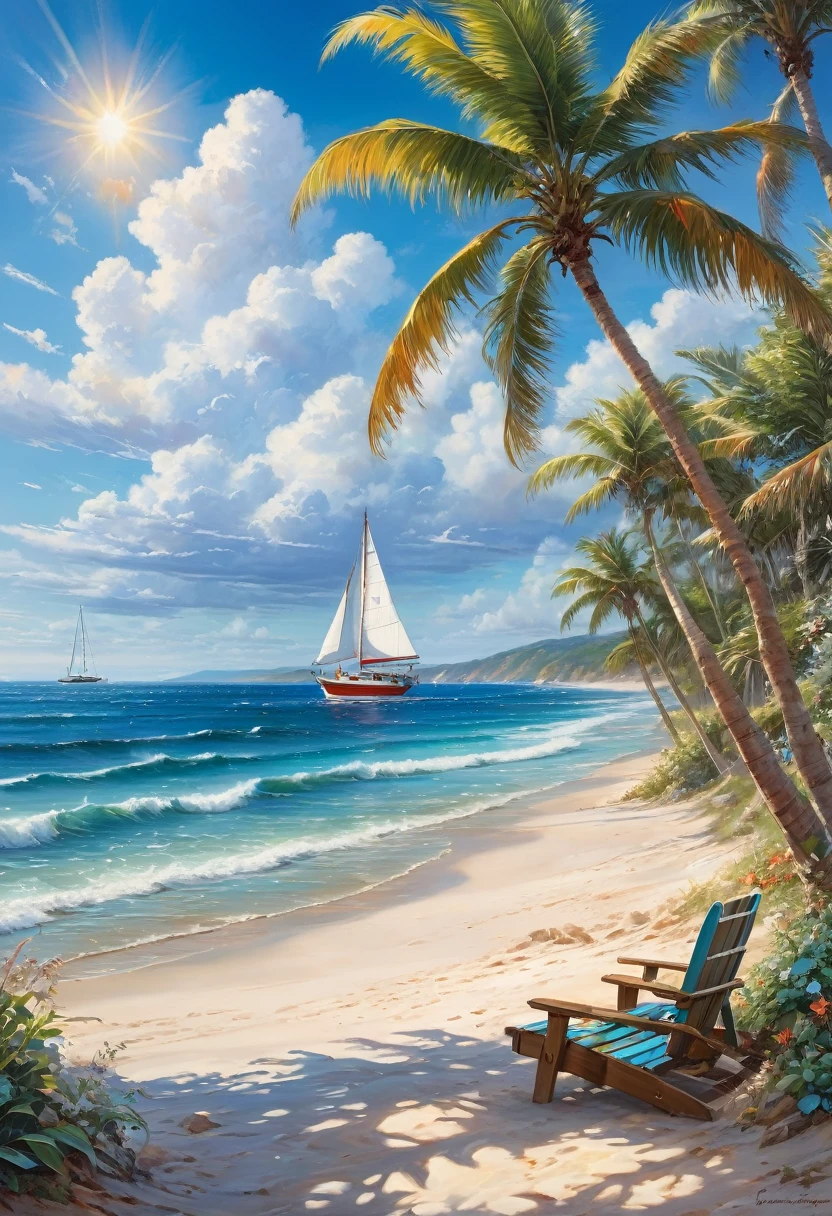 Blue Coast, a beautiful coastline overlooking the deep blue ocean, sandy beaches and crashing waves, palm trees swaying in the gentle breeze, clear blue skies with fluffy white clouds, a lone sailboat in the distance, sparkling sunlight reflecting on the water, seashells scattered on the beach, children building sandcastles, seagulls soaring in the sky, a small beachside cafe serving refreshing drinks, vibrant and saturated colors, soft and warm sunlight, a peaceful and serene atmosphere, a sense of tranquility and relaxation (best quality,ultra-detailed,highres,professional:1.2),coastal landscape,photorealistic,exquisite brushwork,subtle textures and details,layers of vibrant colors,emphasizing the beauty of the ocean, capturing the essence of a summer beach day