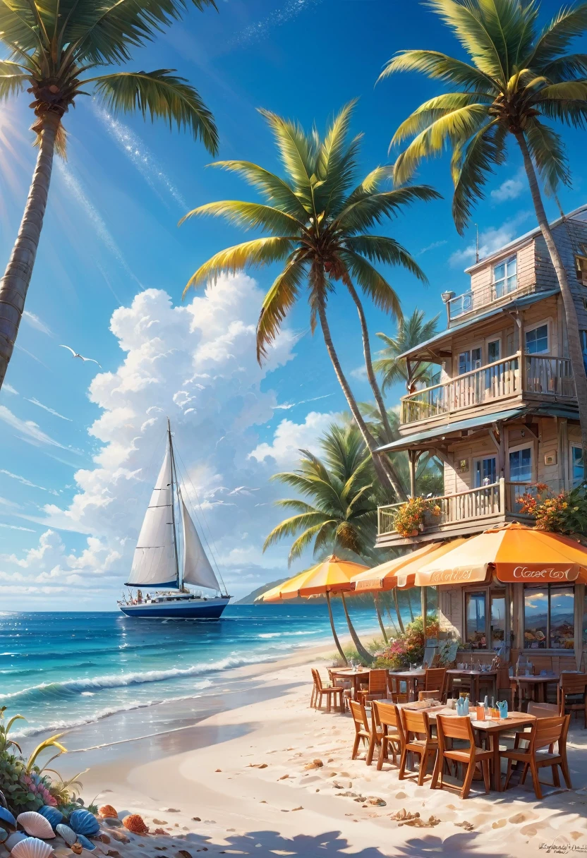 Blue Coast, a beautiful coastline overlooking the deep blue ocean, sandy beaches and crashing waves, palm trees swaying in the gentle breeze, clear blue skies with fluffy white clouds, a lone sailboat in the distance, sparkling sunlight reflecting on the water, seashells scattered on the beach, children building sandcastles, seagulls soaring in the sky, a small beachside cafe serving refreshing drinks, vibrant and saturated colors, soft and warm sunlight, a peaceful and serene atmosphere, a sense of tranquility and relaxation (best quality,ultra-detailed,highres,professional:1.2),coastal landscape,photorealistic,exquisite brushwork,subtle textures and details,layers of vibrant colors,emphasizing the beauty of the ocean, capturing the essence of a summer beach day