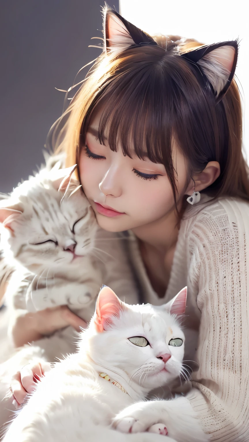 masterpiece, 4K, Bokeh, (kawaii:1.5), (beautiful girl:1.3), (Japanese idol:1.6), (Cat ear:1.3) , (sweater:1.3),  (I love cat:1.6), blushed,  (Hold slleeping white cat:1.5), (kiss to cat:1.3), (White Background :1.4), 