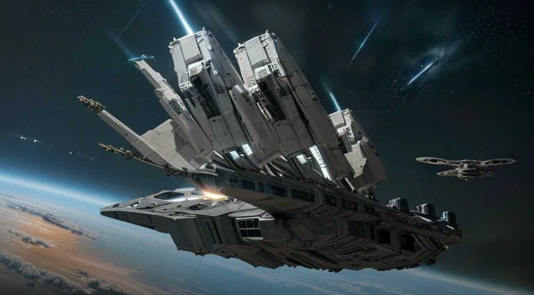 (8k, RAW photo, best quality, mastery:1.3),(realistic,photo-realistic:1.37),( Many alien spaceship approaching the atmosphere of earth ), the situation is space fighting, Colorfully Background of space elements, realistic, realising gun powder , full Combat seen, UFO destroying and other main spaceship produce a lot of gun powder, the seen is looking like adventure of universe,Other spaceships firing the main colonial pride ship with looking nearly the eyes of viewer, UHD ultra
