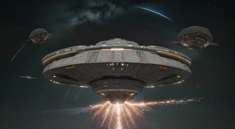 (8k, RAW photo, best quality, mastery:1.3),(realistic,photo-realistic:1.37),( Many alien spaceship approaching the atmosphere of earth ), the situation is space fighting, Colorfully Background of space elements, realistic, realising gun powder , full Combat seen, UFO destroying and other main spaceship produce a lot of gun powder, the seen is looking like adventure of universe,Other spaceships firing the main colonial pride ship with looking nearly the eyes of viewer, UHD ultra 